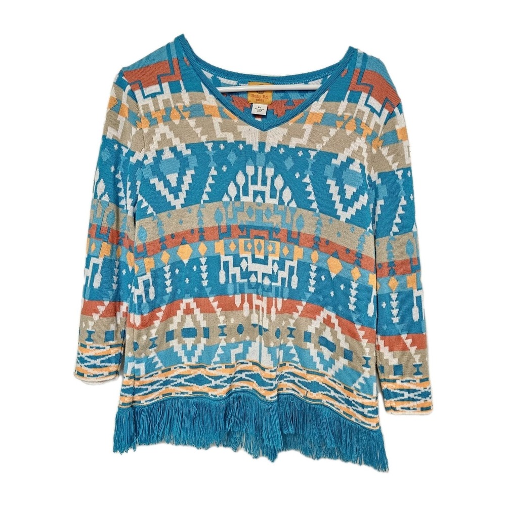 Ruby Rd Womens Petite Large Soft Sweater‎ Long Sleeve Blue Orange White Fringe